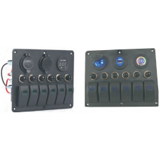 PANEL DE 6 SWITCHES AZUL CON PUERTO USB VOLTMETER Y CORTACIRCUITOS 